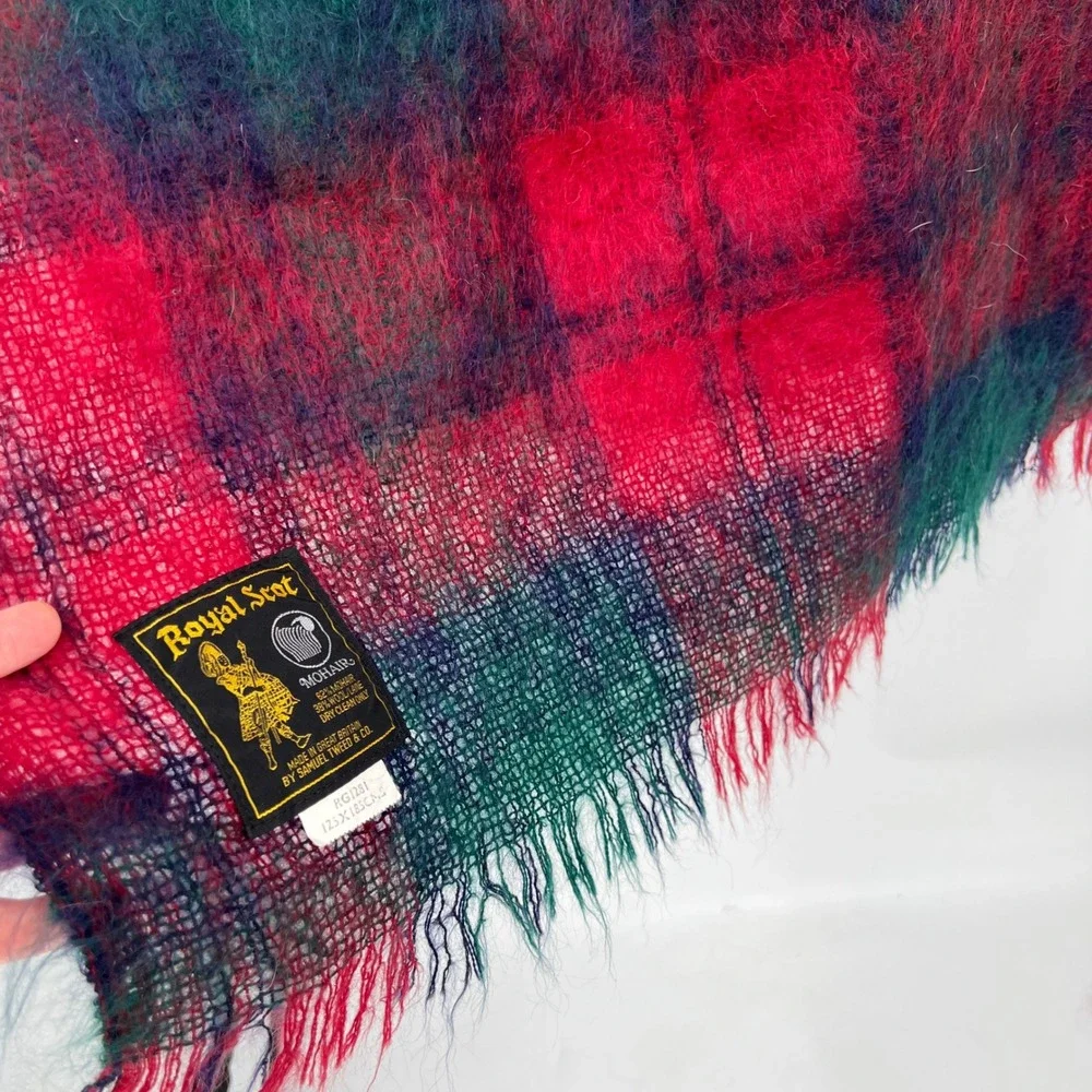 Vintage Mohair Throw Blanket Royal Scot Red & Green Plaid Tartan Outlander 70s